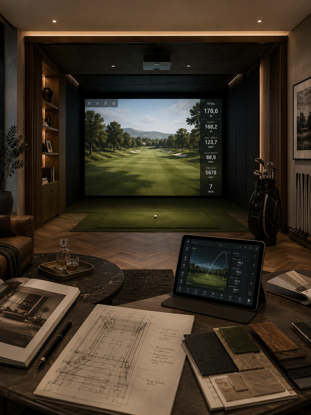 Simulateur de golf à domicile intégré dans une pièce résidentielle haut de gamme