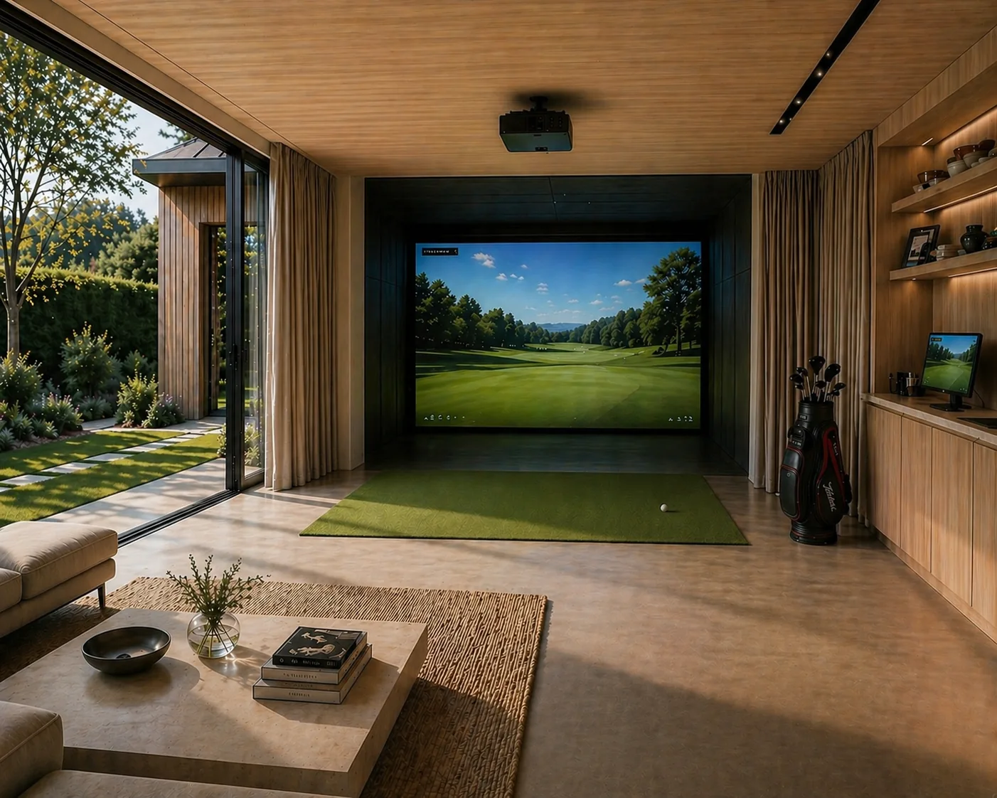 Vision d’une annexe contemporaine dédiée au golf indoor résidentiel.