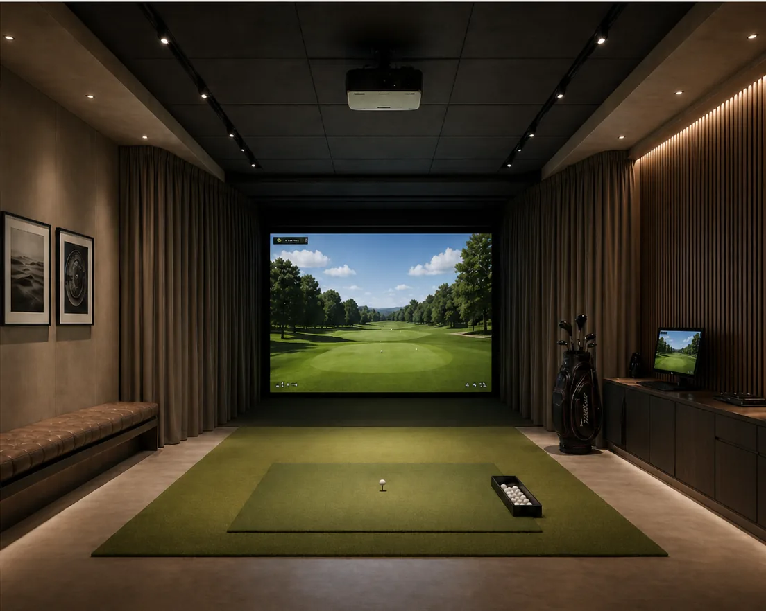 Vision d’une pièce dédiée au golf indoor résidentiel.