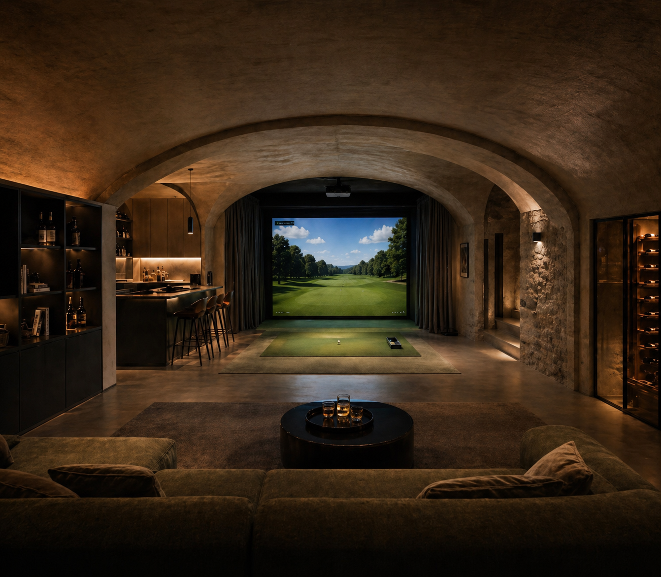 Sous-sol aménagé en golf indoor résidentiel sur mesure